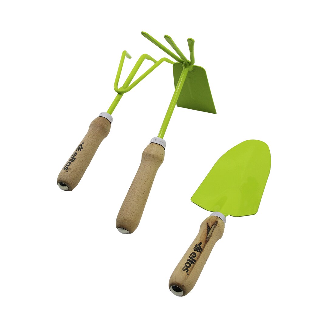 ELTOS EBS-003  3PCS  BAHÇE HOBİ SETİ  RENKLİ METAL   ÇİFT BAŞLI ÇAPA - 3 DİŞLİ TIRMIK - KÜREK  AHŞAP SAPLI (5271)