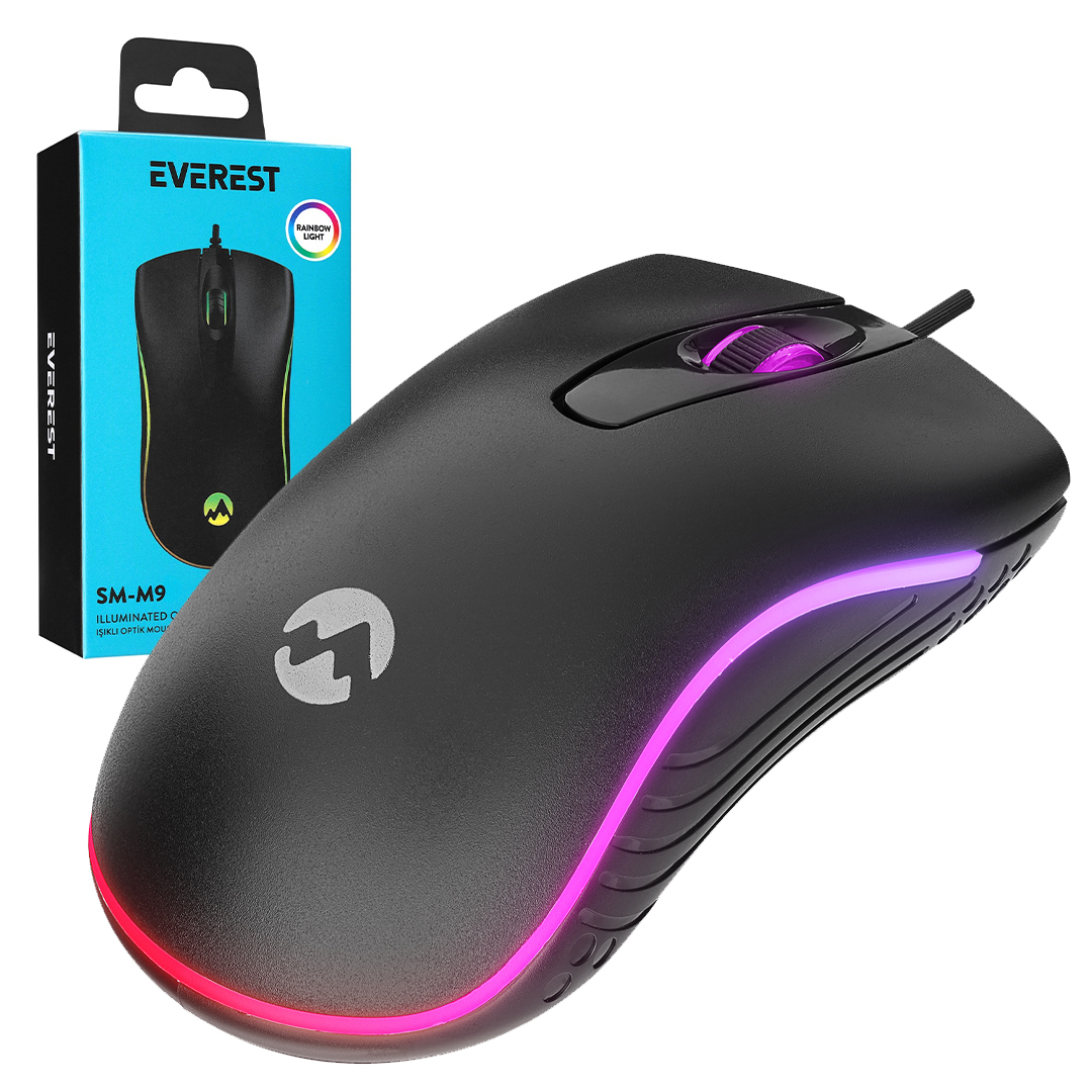 EVEREST SM-M9 1000 DPI USB RGB RAİNBOW LEDLİ SİYAH 3D OPTİK LED MOUSE (5271)