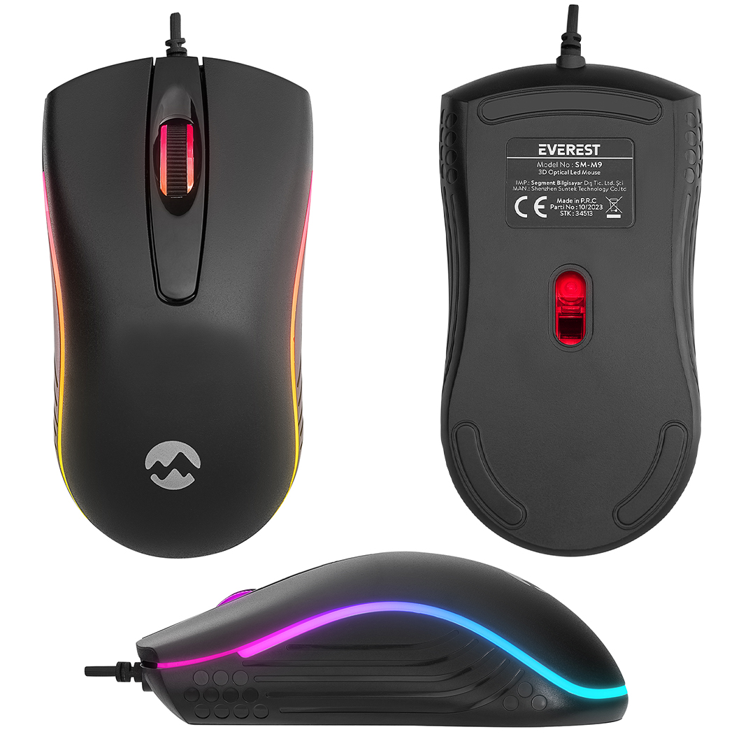 EVEREST SM-M9 1000 DPI USB RGB RAİNBOW LEDLİ SİYAH 3D OPTİK LED MOUSE (5271)