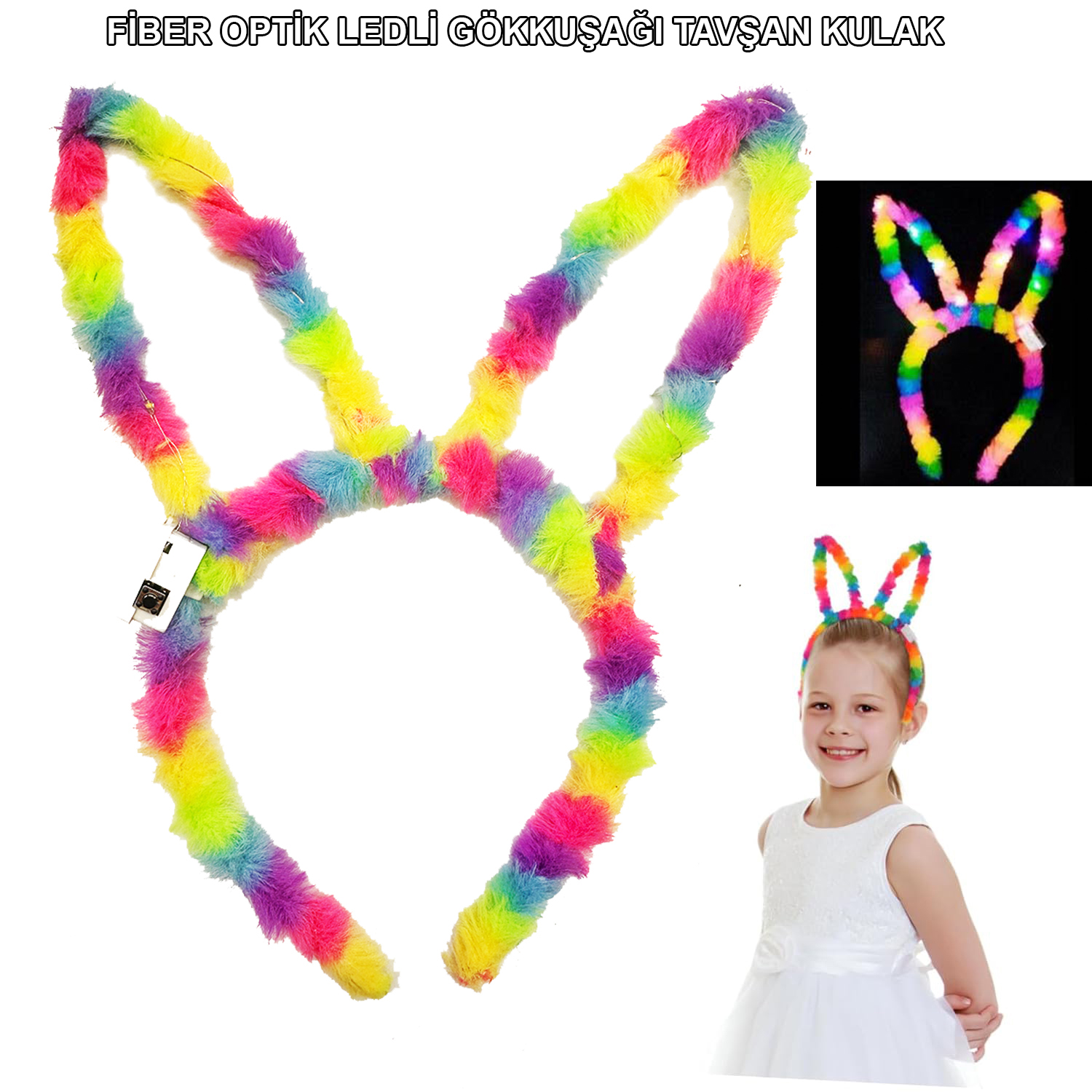 Fiber Optik LED&apos;li Gökkuşağı Tavşan Kulak 17x23 cm (5271)