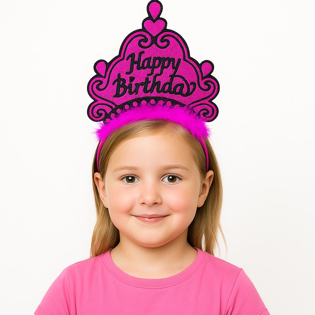 Fuşya Happy Birthday Prenses Tacı – Doğum Günü Taç Aksesuarı (5271)