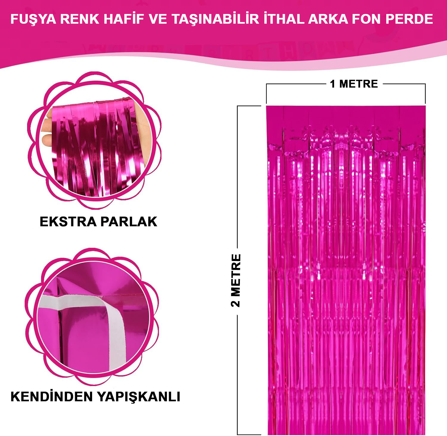 Fuşya Renk Ekstra Metalize Parlak Saçaklı Arka Fon Perde İthal A Kalite 1x2 Metre (5271)
