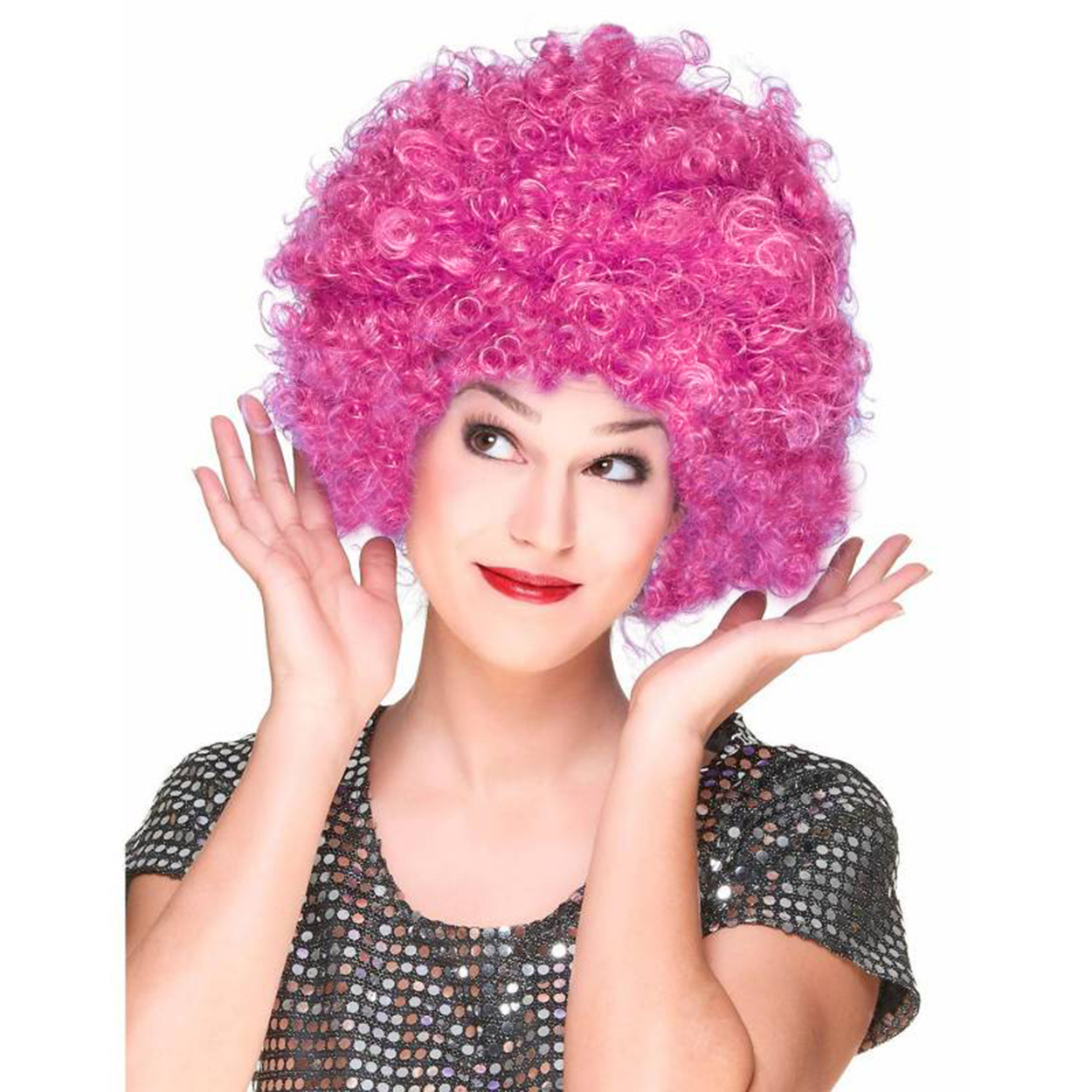 Fuşya Renk Kıvırcık Afro Bonus Peruk Saç Parti Peruğu (5271)