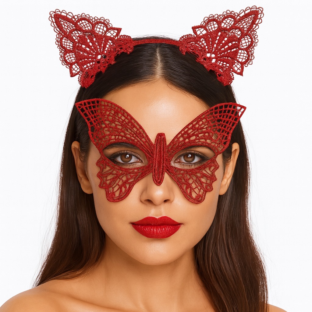 Gösterişli Kırmızı Dantel Maske ve Taç Seti 7 No – Masquerade ve Davetler için (5271)