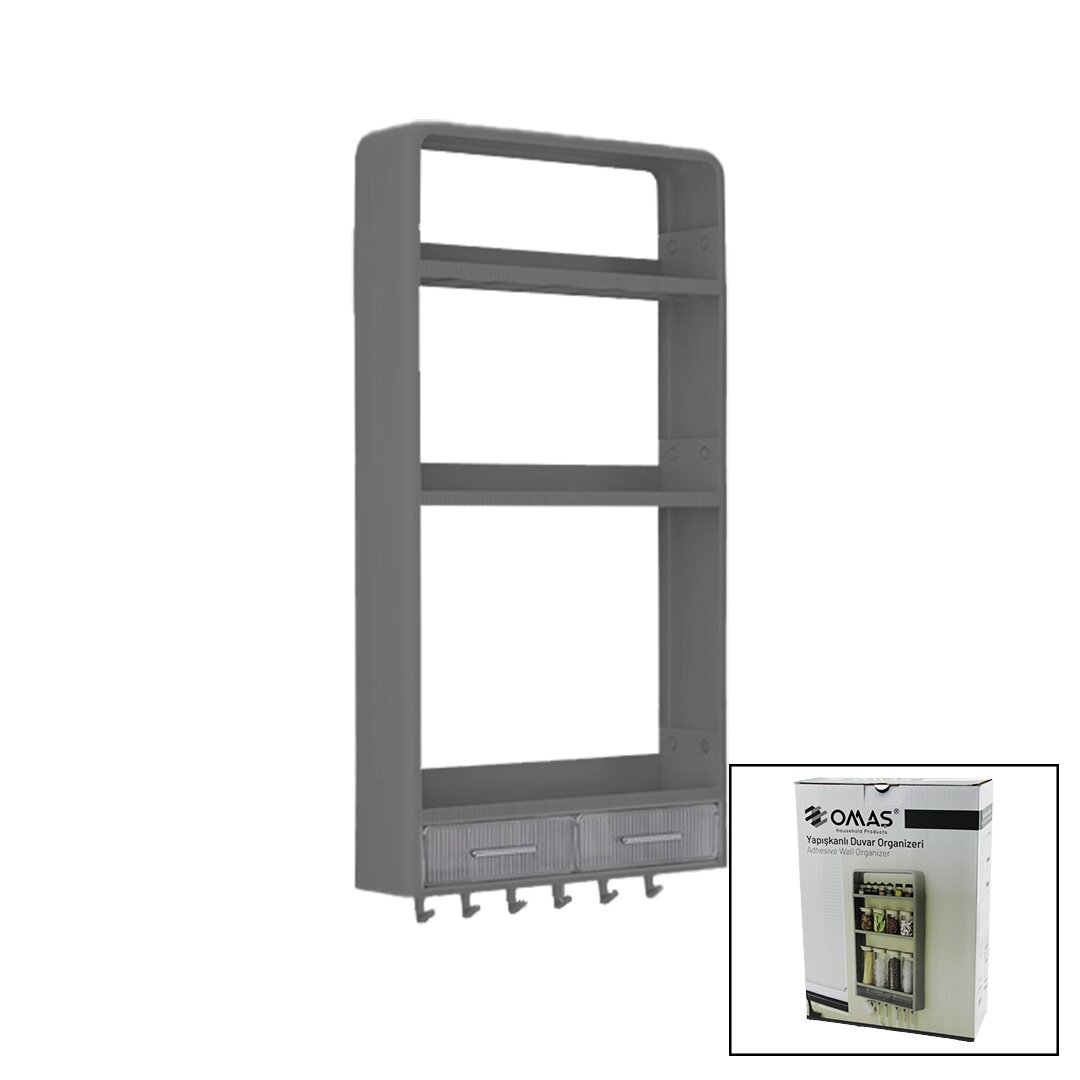 GRİ YAPIŞKANLI DUVAR ORGANİZERİ PLASTİK 3 RAF=14CM-19CM-30CM - 2 ÇEKMECE=40CM - 6 ASKI 19 PARÇA (5271)