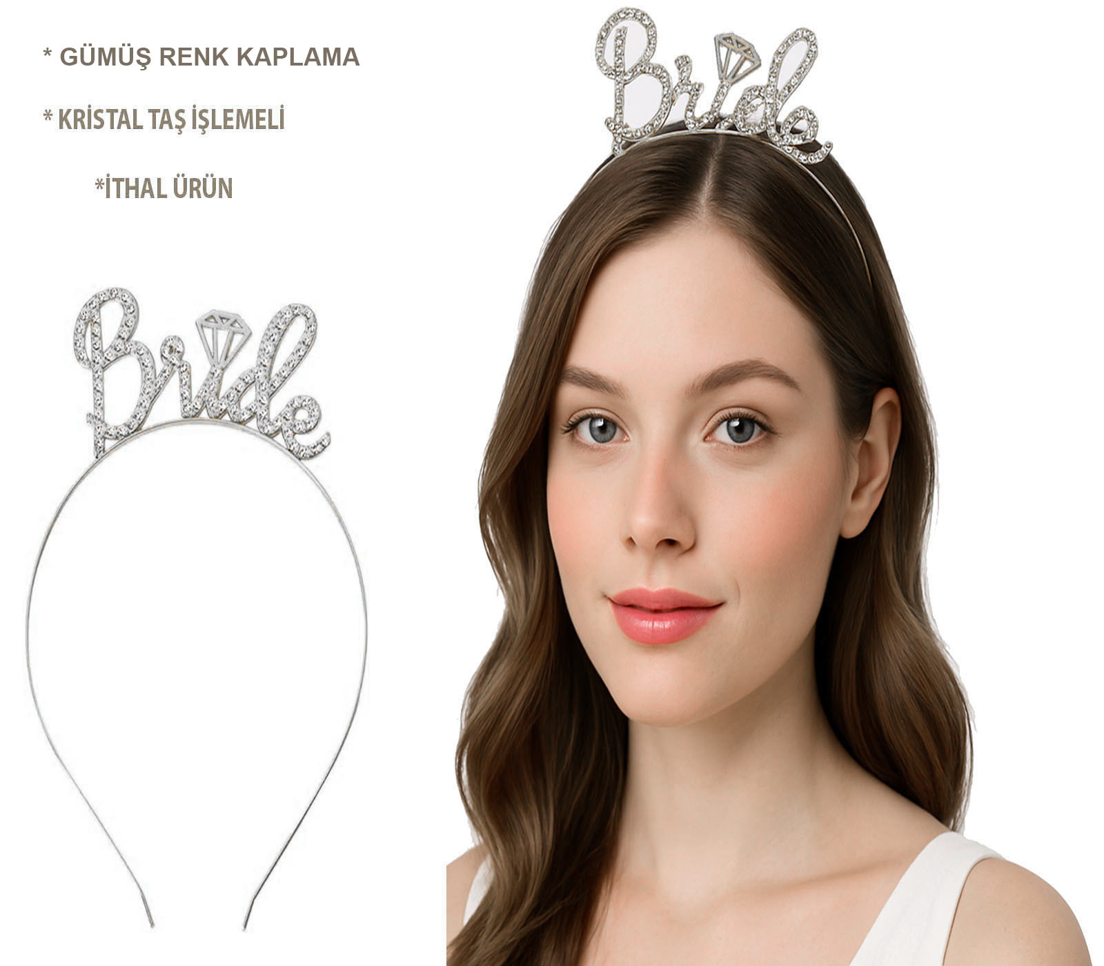 Gümüş Renkli Taşlı “Bride” Gelin Tacı – El Yazısı Yazı Tipiyle (5271)