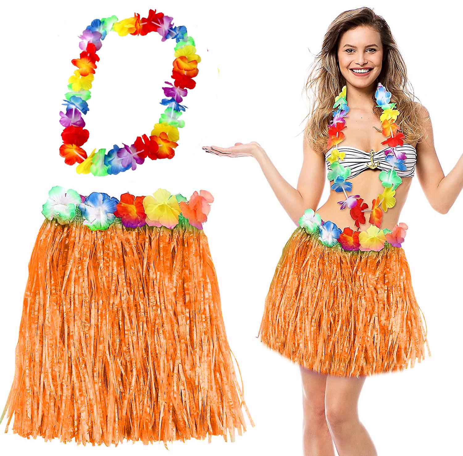 Hawaii Luau Aloha Turuncu Püsküllü 40 cm Etek ve Hawaii Kolye Seti (5271)