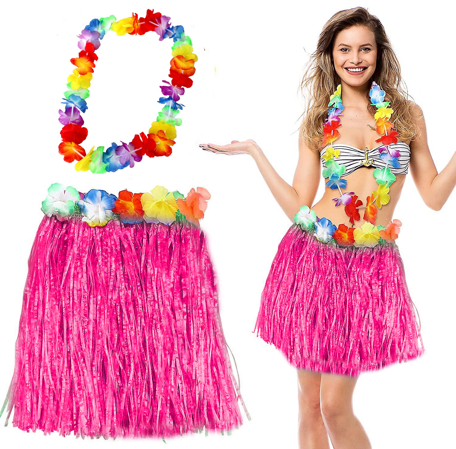 Hawaii Luau Aloha Pembe Püsküllü 40 cm Etek ve Hawaii Kolye Seti (5271)