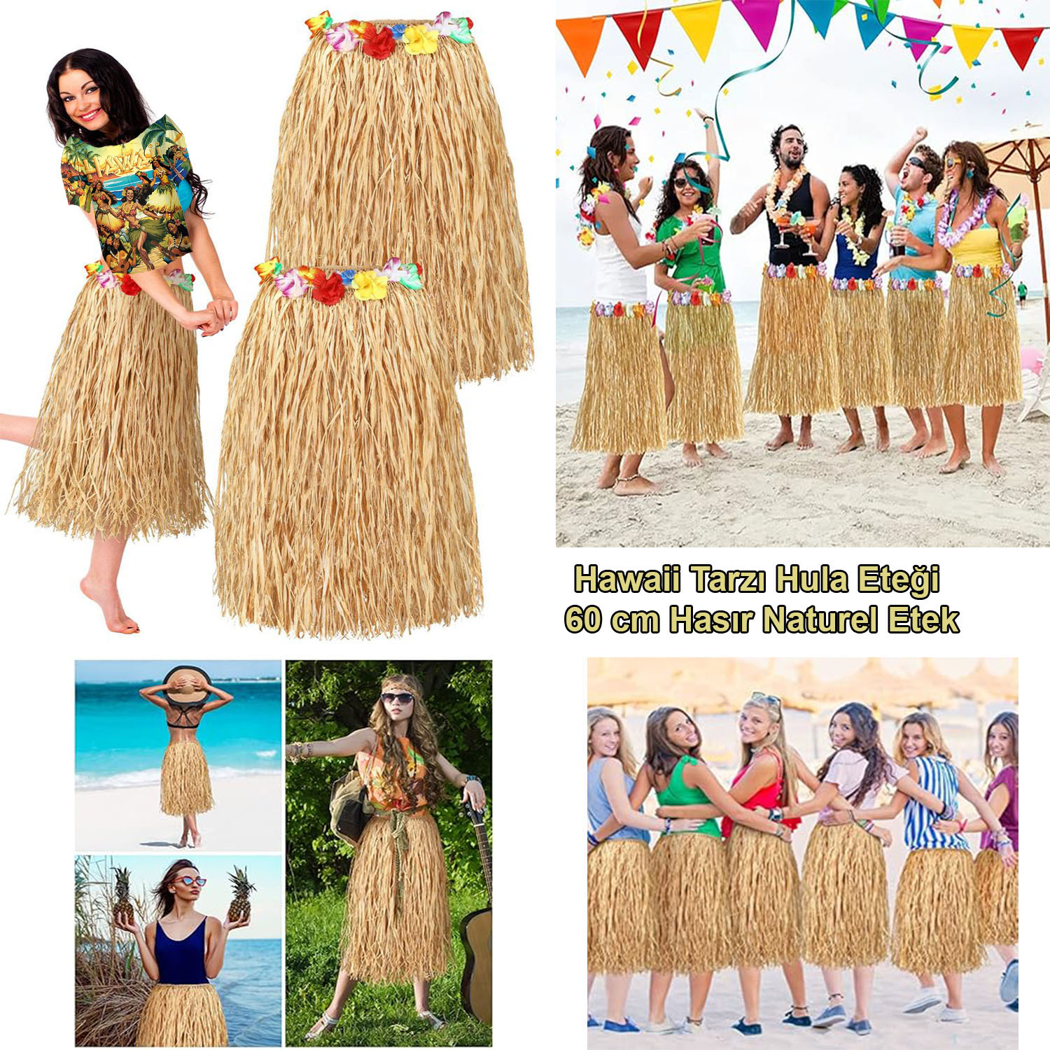 Hawaii Tarzı Hula Eteği – 60 cm Hasır Naturel Etek (5271)