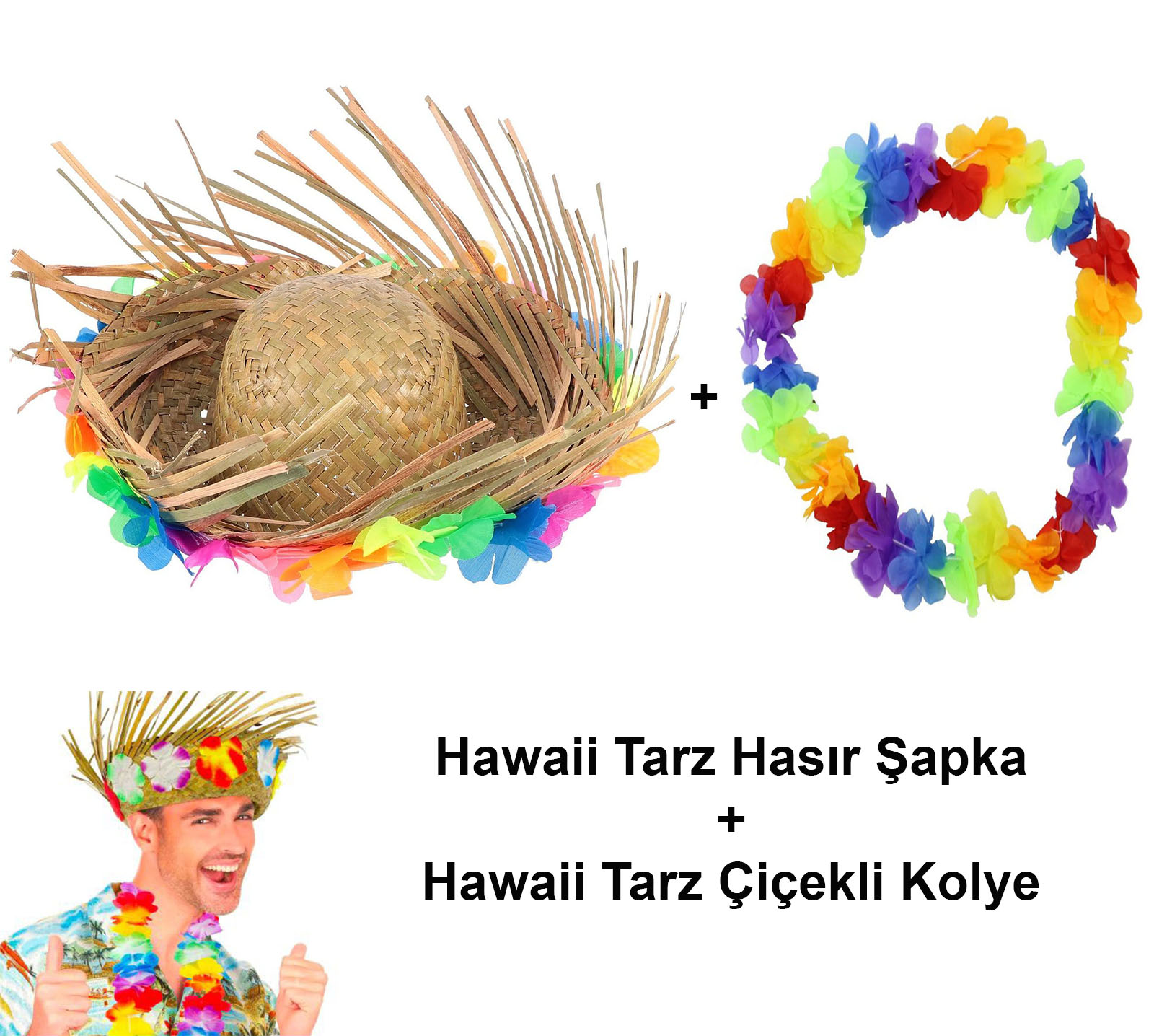 Hawaii Tarzı Tropikal Çiçekli Hasır Şapka ve Çiçekli Hawaii Kolye (5271)