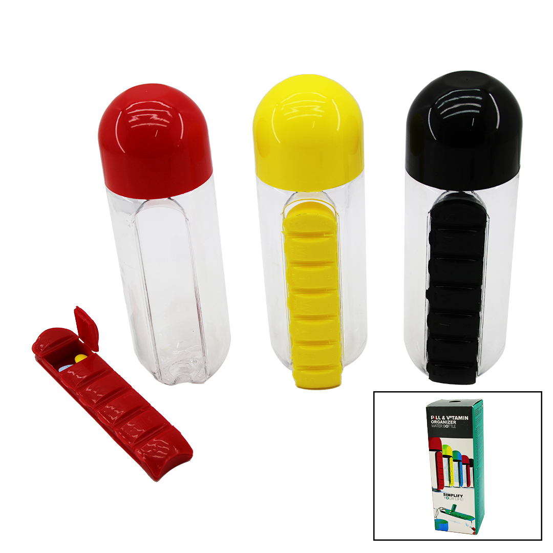 İLAÇ KUTULU PLASTİK SULUK MATARA RENKLİ BARDAK KAPAKLI 600ML (5271)