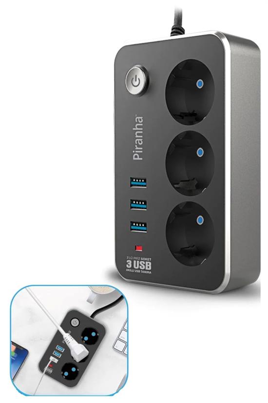 Isıya Dayanıklı Termal Akım Korumalı 2 Mt 10A 2500W 3lü Priz ve 3 Usbi 2.1A Uzatma Kablosu (5271) Isıya Dayanıklı Termal Akım Korumalı 2 Mt 10A 2500W 3lü Priz ve 3 Usbi 2.1A Uzatma Kablosu (5271)