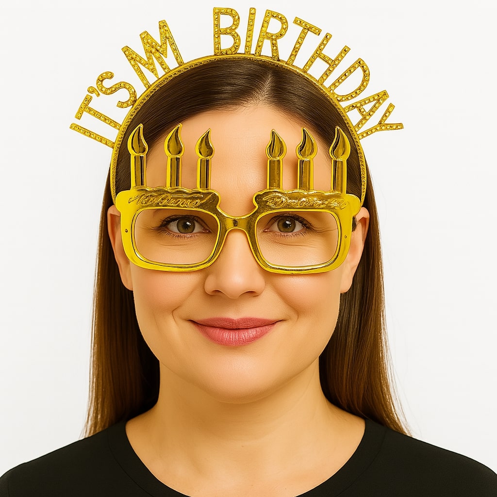 İt&apos;s My Birthday Yazılı Taç ve Mum Şekilli Gözlük Seti Altın Renk (5271)