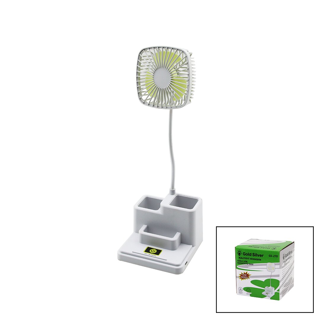 KALEMLİKLİ MASAÜSTÜ VANTİLATÖR USB ŞARJLI FAN:8.9CM- AKROBAT AYAK=23CM+KALEMLİK:36.5CM TELEFONLUK GS-270 (5271)