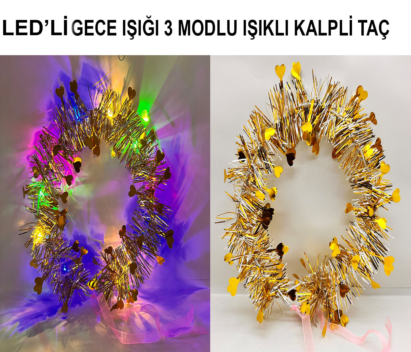 Kalp Püsküllü Gece Parıltısı 3 Modlu LED&apos;li Işıklı Taç Altın Renk (5271)