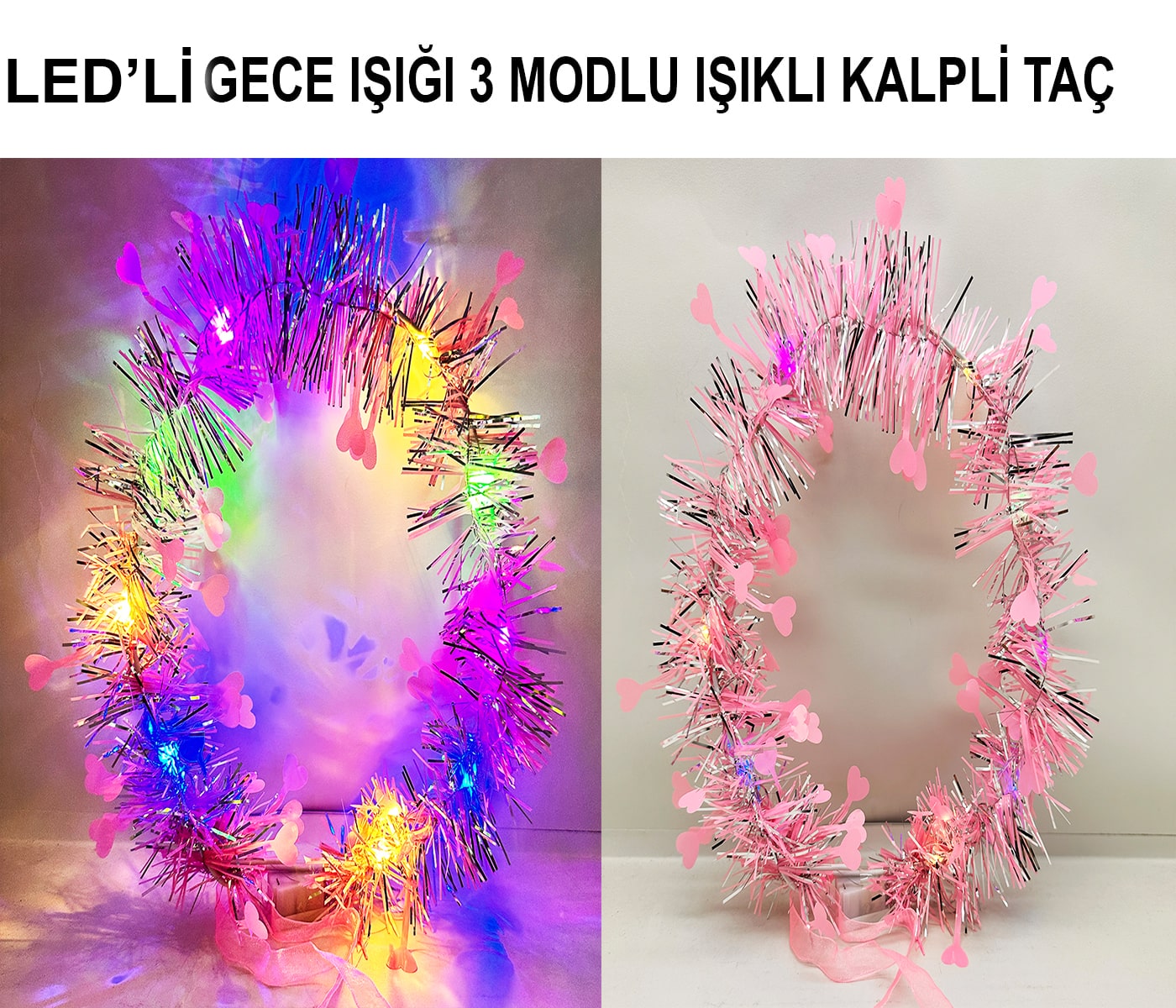 Kalp Püsküllü Gece Parıltısı 3 Modlu LED&apos;li Işıklı Taç Pembe Renk (5271)
