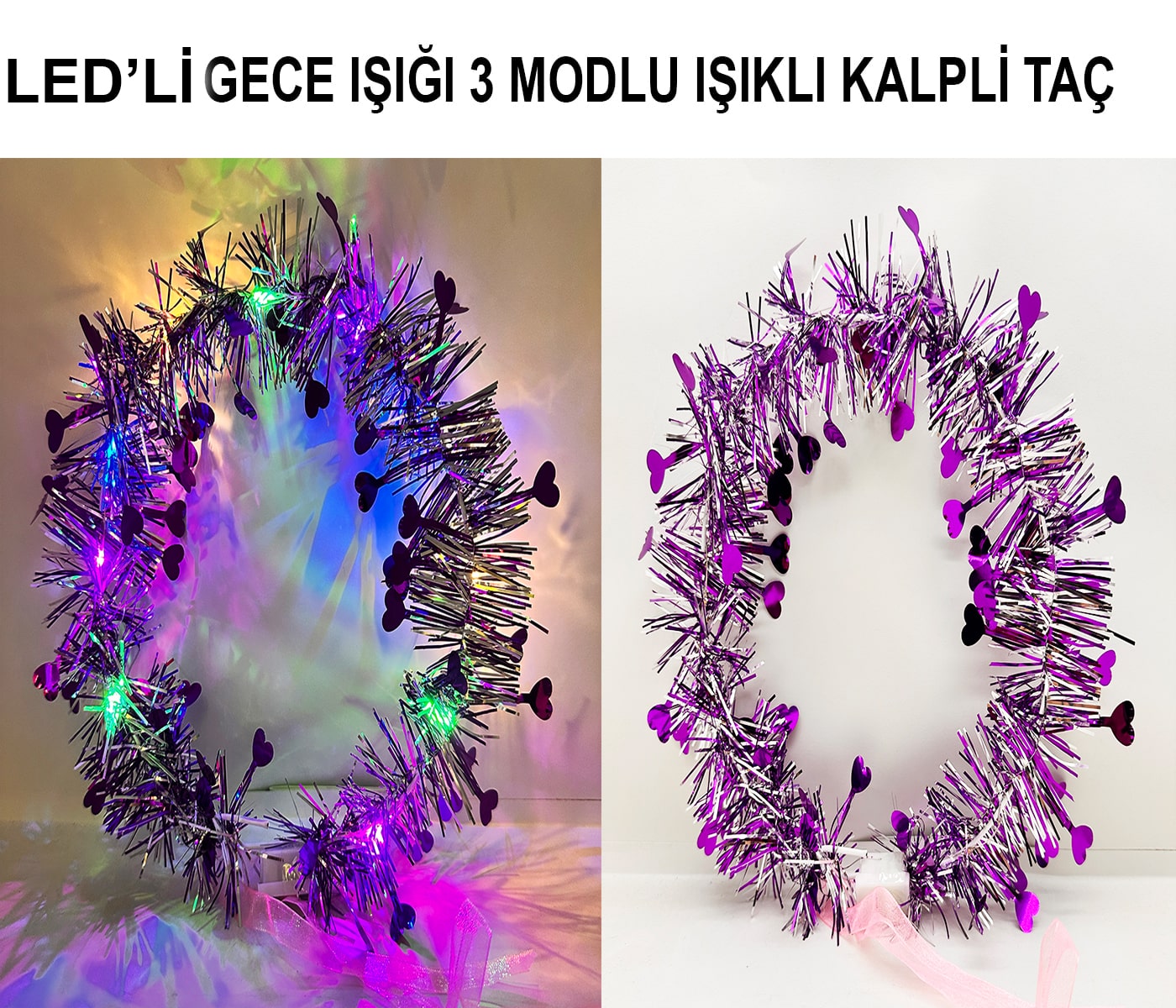 Kalp Püsküllü Gece Parıltısı 3 Modlu LED'li Işıklı Taç Mor Renk (5271) Kalp Püsküllü Gece Parıltısı 3 Modlu LED'li Işıklı Taç Mor Renk (5271)