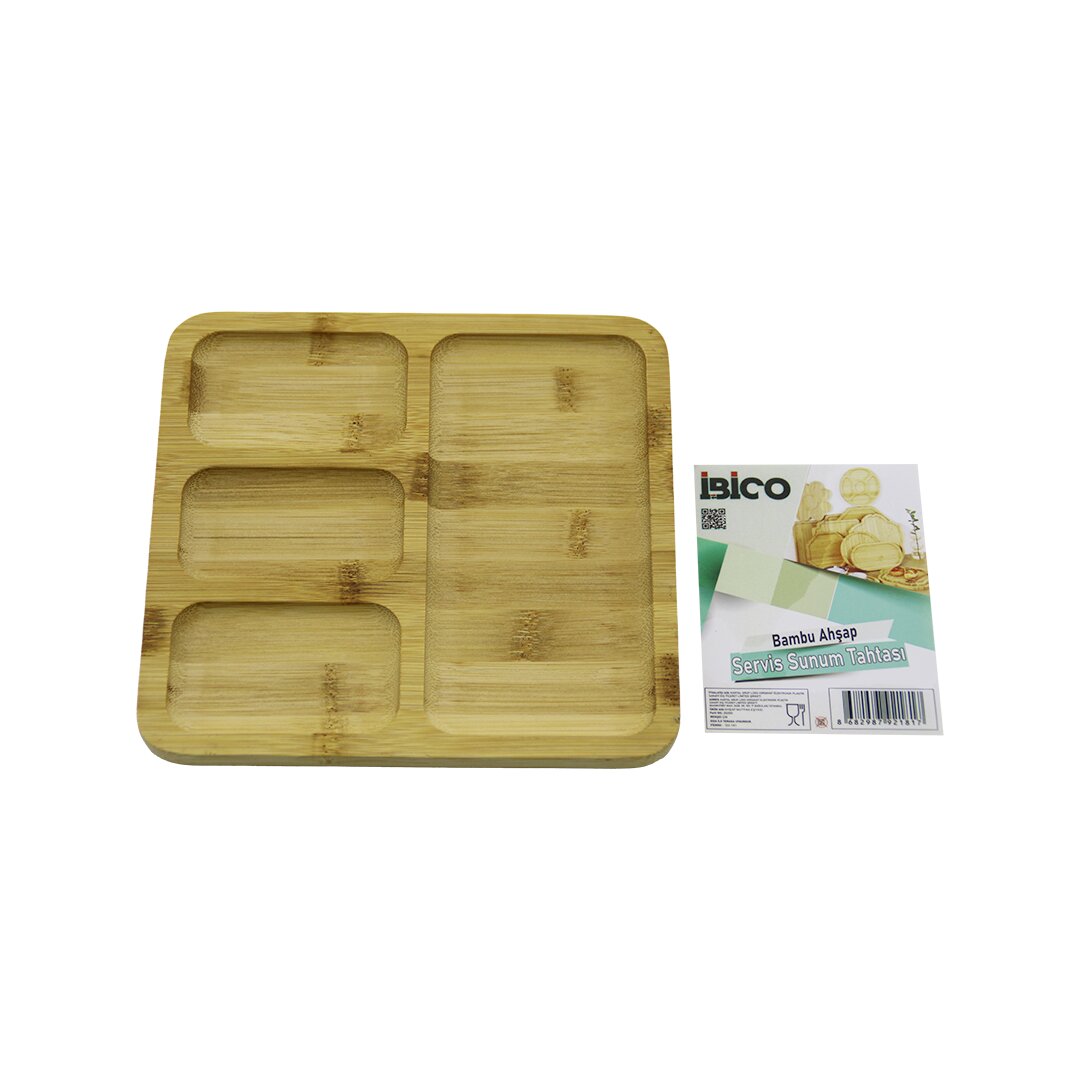 KARE 4 BÖLMELİ=3+1 AHŞAP BAMBU SERVİS SUNUM TEPSİ - TAHTASI 20 X 20 X 1.4CM (5271)
