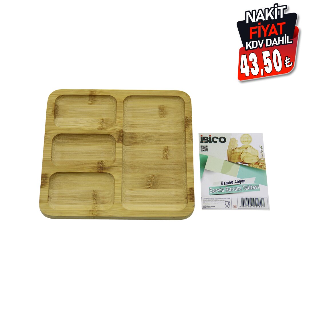 KARE 4 BÖLMELİ=3+1 AHŞAP BAMBU SERVİS SUNUM TEPSİ - TAHTASI 20 X 20 X 1.4CM (5271)