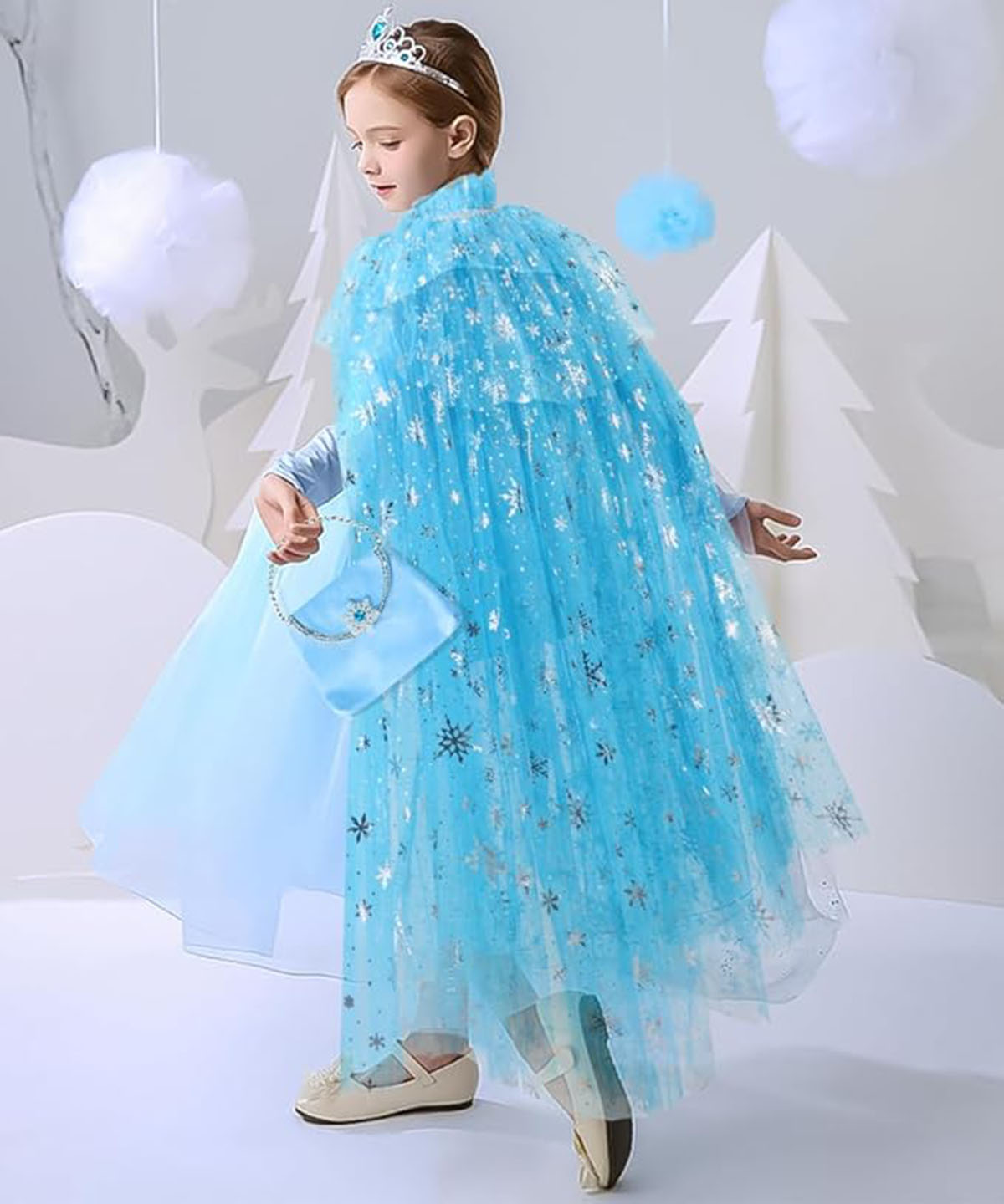 Karlar Ülkesi Elsa Frozen Mavi Pelerin – 80 cm Kar Desenli Çocuk Pelerini ( Taç Hariç ) (5271)