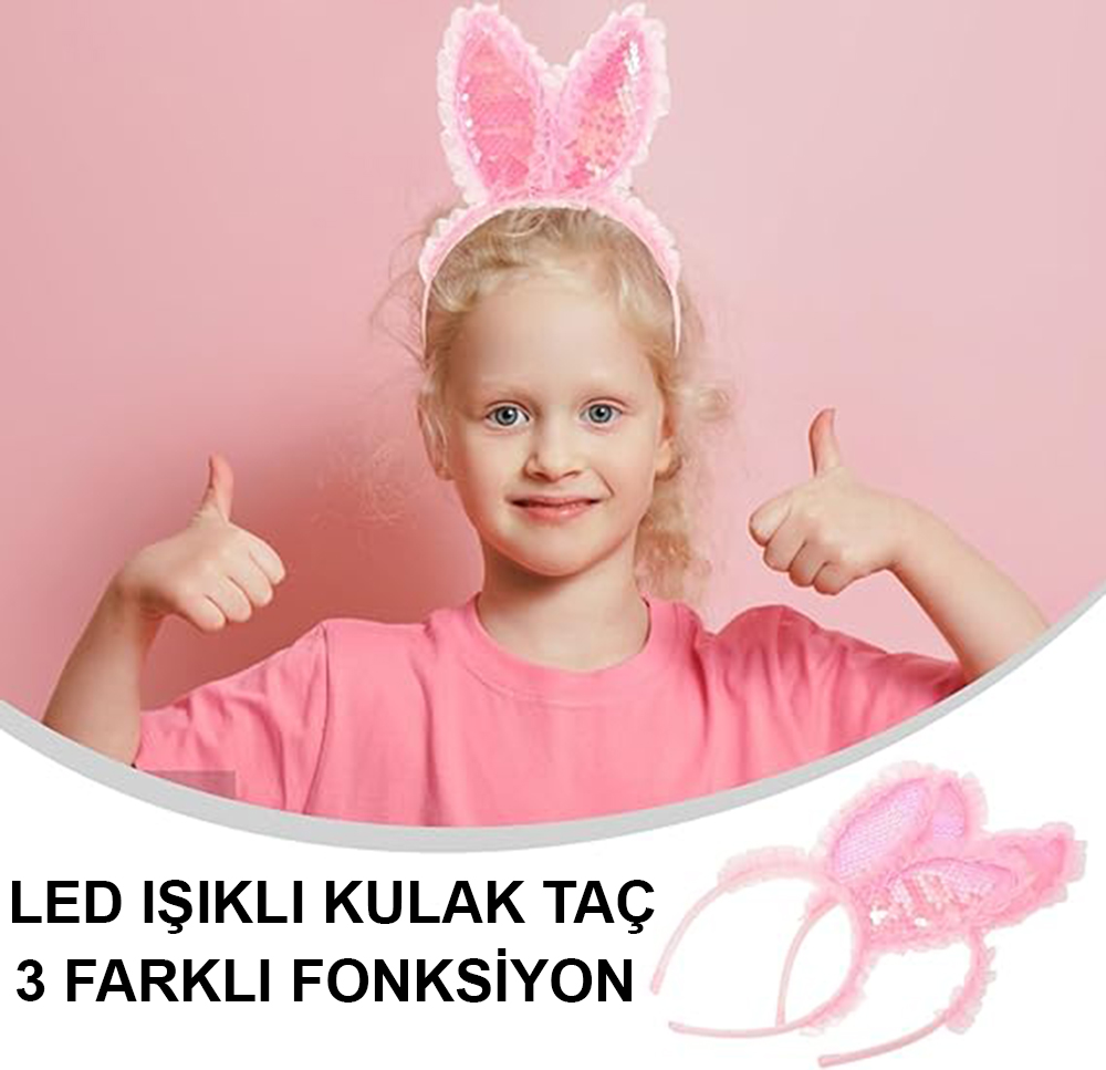 Kenarları Dantelli Pembe Pullu Payetli Led Işıklı Tavşan Kulak Taç 23x19 cm (5271) Kenarları Dantelli Pembe Pullu Payetli Led Işıklı Tavşan Kulak Taç 23x19 cm (5271)