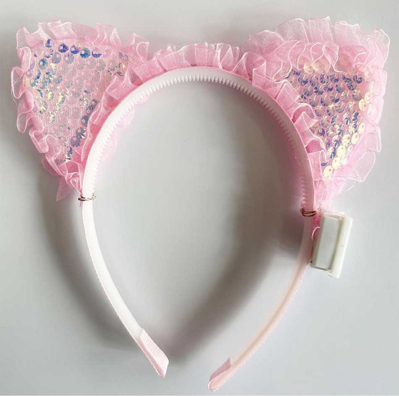 Kenarları Dantelli Pembe Pullu Payetli Led Işıklı Kedi Kulak Taç 17x19 cm (5271)