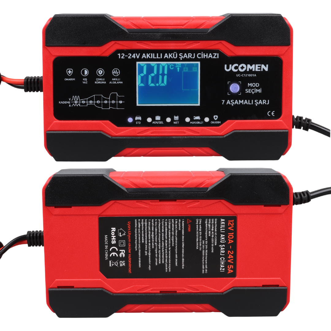 KIRMIZI 12/24 VOLT 10 AMPER LED GÖSTERGELİ AKÜ ŞARJ CİHAZI UC-C121001A (5271)