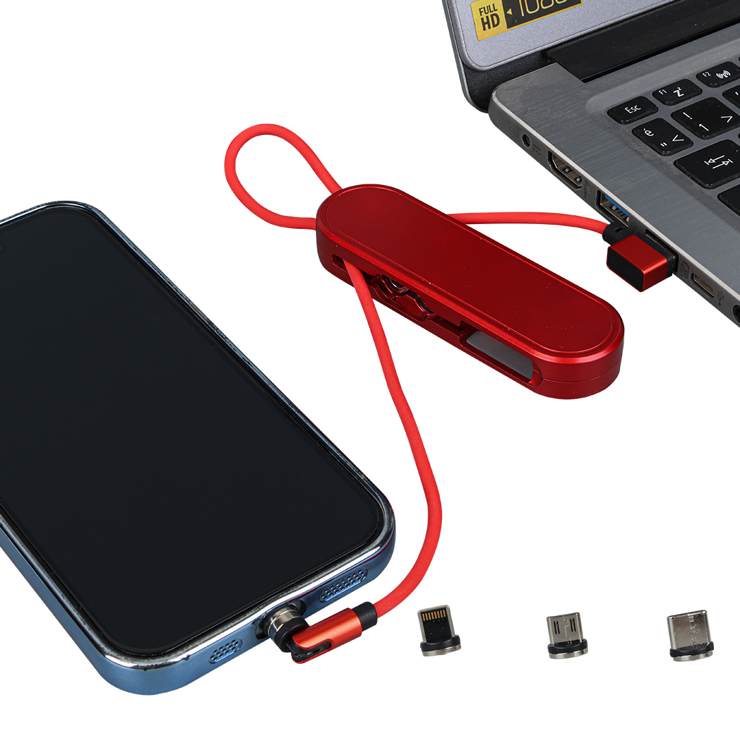 KIRMIZI 3İN1 (TYPE C- LİGHTNİNG- MİCRO USB) MANYETİK UÇ TAŞINABİLİR ŞARJ KABLOSU (5271)