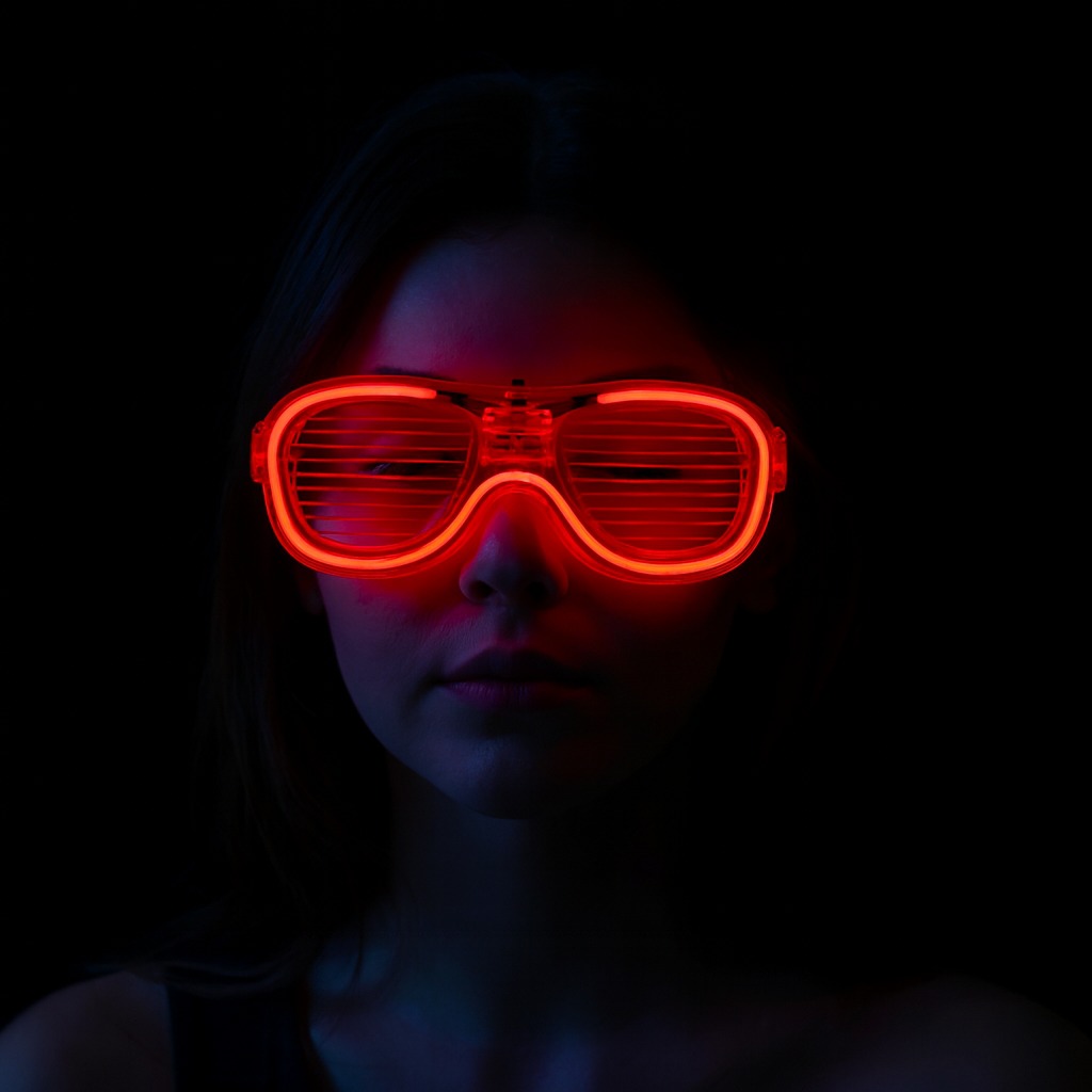 Kırmızı Led Işıklı Parti Gözlüğü - Neon Glow Şerit Gözlük 3 Modlu (5271)