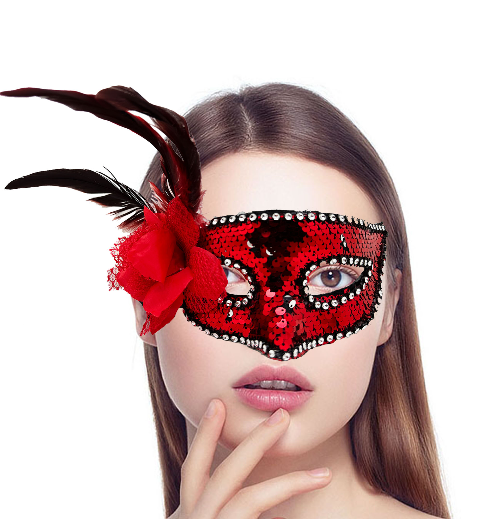 Kırmızı Renk Yandan Tüylü Güllü Gümüş Taşlı Pullu Maske 20x22 cm (5271)