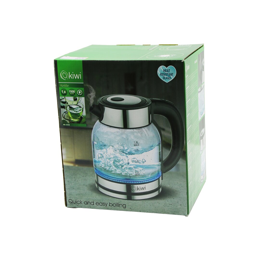 KİWİ KK-3333 SÜRAHİ MODEL CAM KETTLE SU ISITICI 1.8LT 1500W 360 DERECE DÖNEBİLEN TABAN GİZLİ RESİZTANS KROM KAPLAMA=TABAN - AĞIZ - KAPAK (5271)