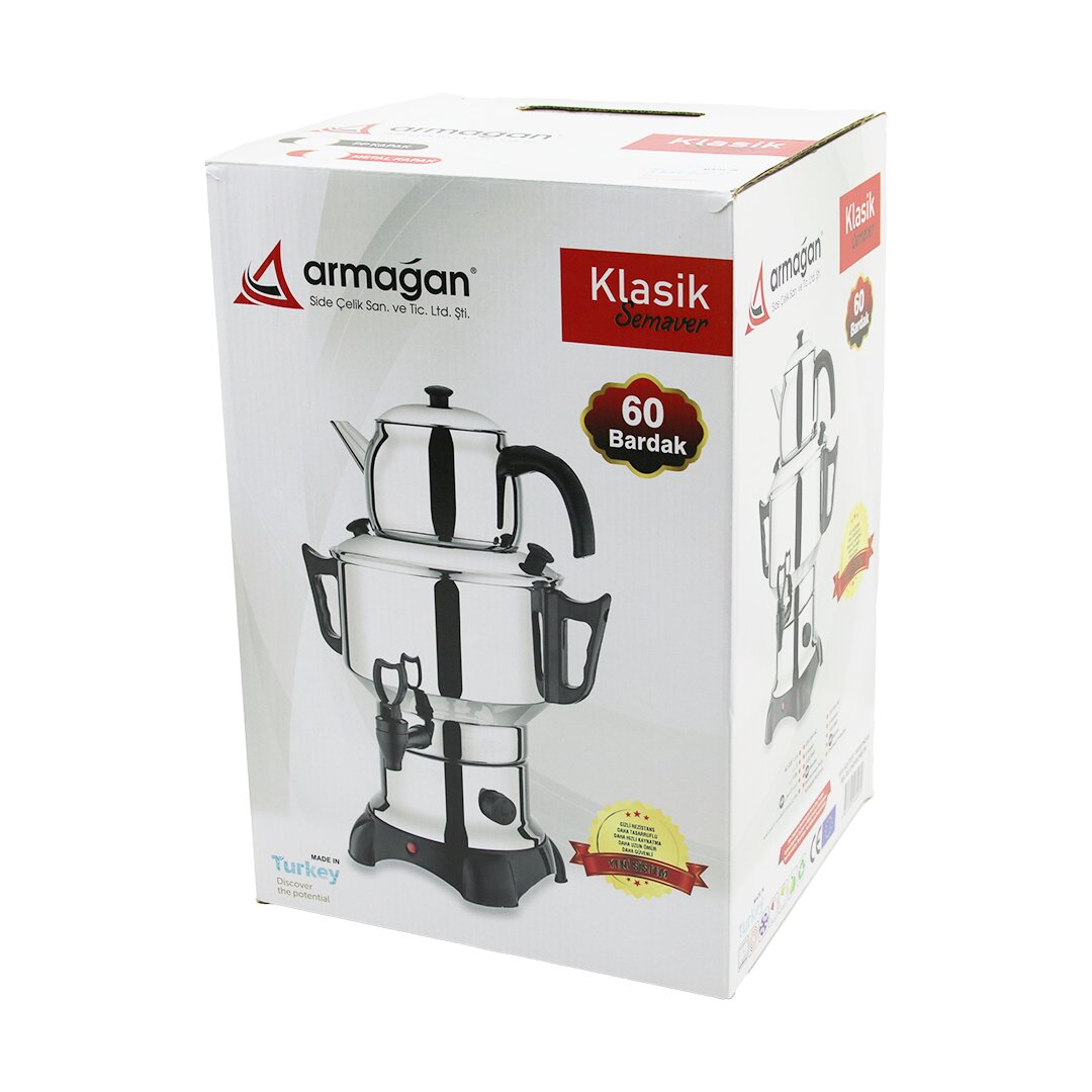 KLASİK ÇAY SETİ=DEMLİK - SU KAZANI ELEKTRİKLİ SEMAVER 60 BARDAK 6LT - TEK MUSLUK 1500W GİZLİ REZİSTANS (5271)