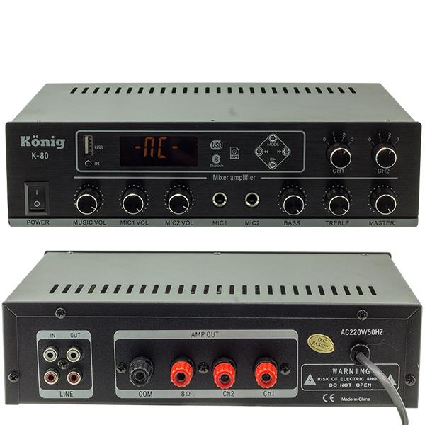 KÖNİG K-80 MİNİ-80W 100V/70V/4-16 OHM USB/SD/BLUETOOTH/2 BÖLGELİ 2 MİK.GİRİŞ TRAFOLU ANFİ (5271)