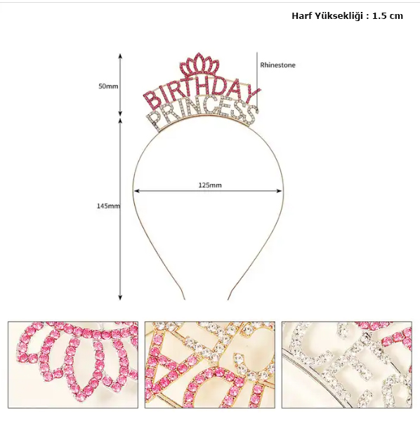 Kristal Taşlı Pembe Birthday Princess Yazılı Parti Tacı 19x11 cm (5271)