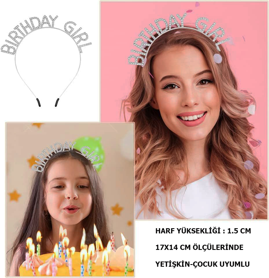 Kristal Taşlı Gümüş Birthday Girl Yazılı Doğum Günü Parti Tacı 19x11 cm (5271)