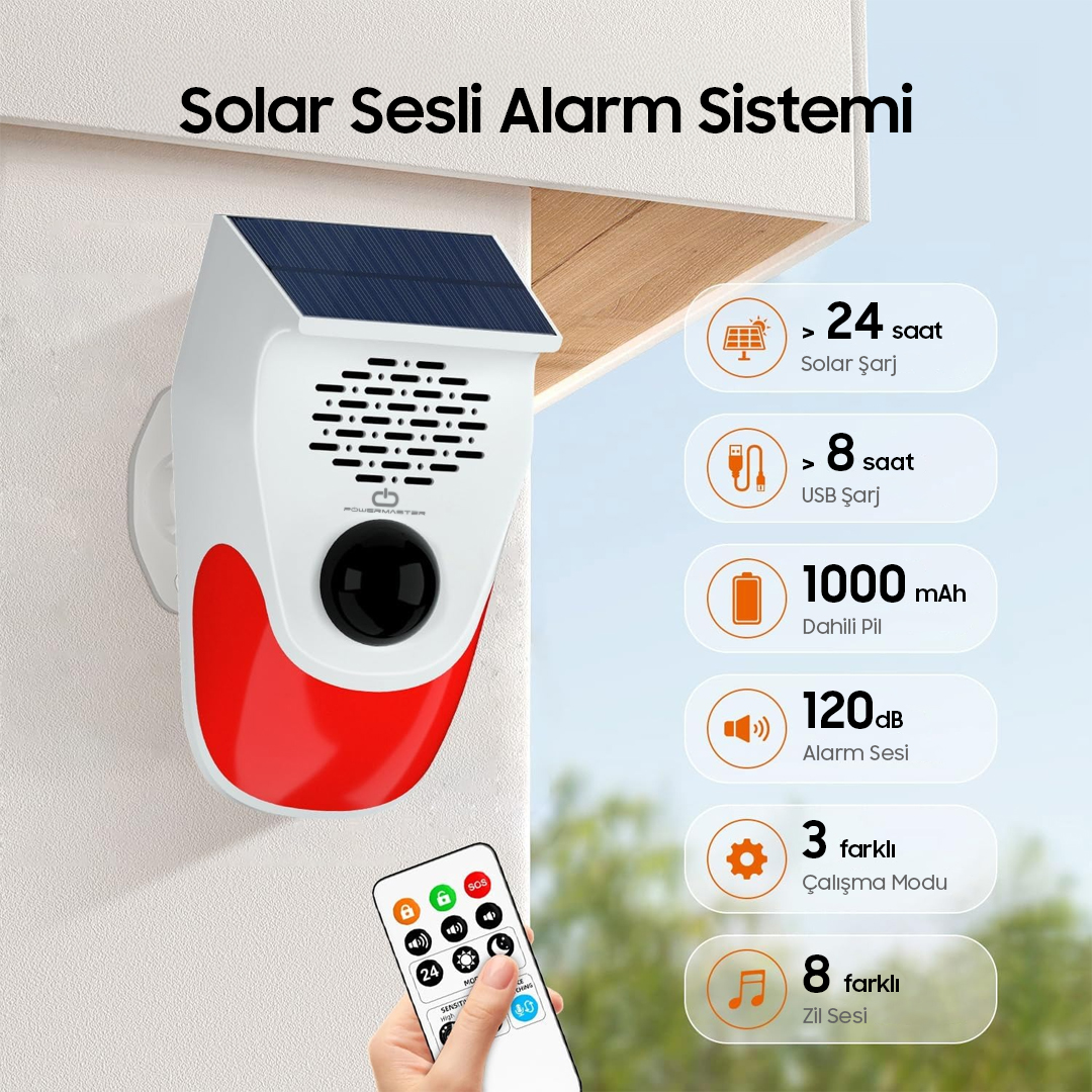 KUMANDALI SOLAR SESLİ IŞIKLI 120DB ALARM SİSTEMİ (5271)