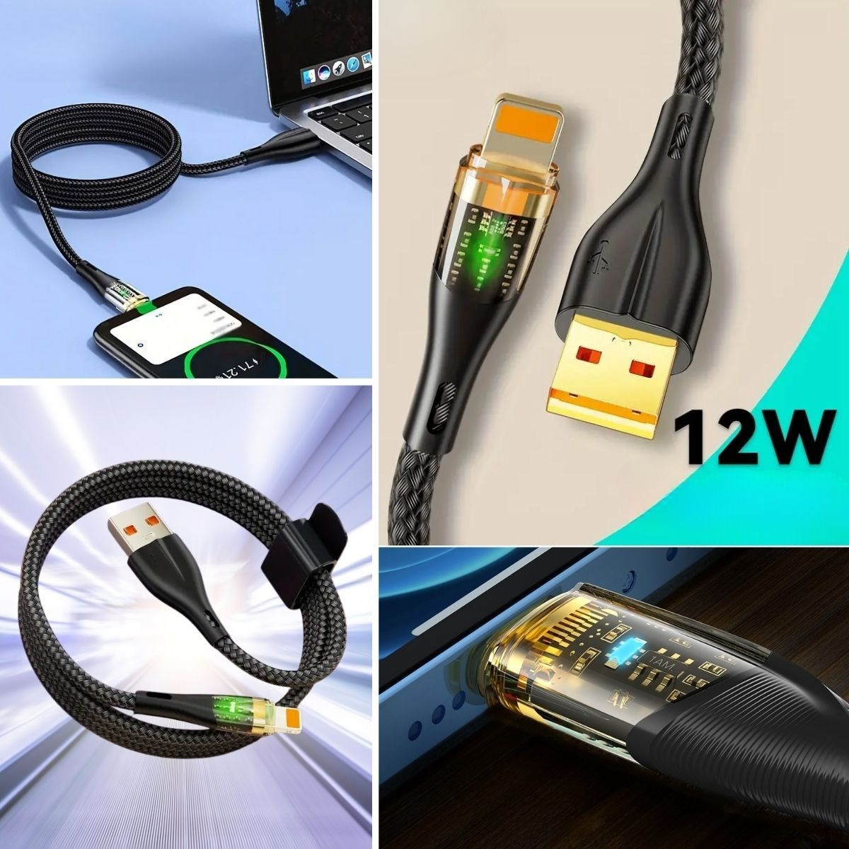 Led Işık Uçlu Sağlam İp Kablolu USB to Lightning Hızlı Şarj Kablosu (5271)