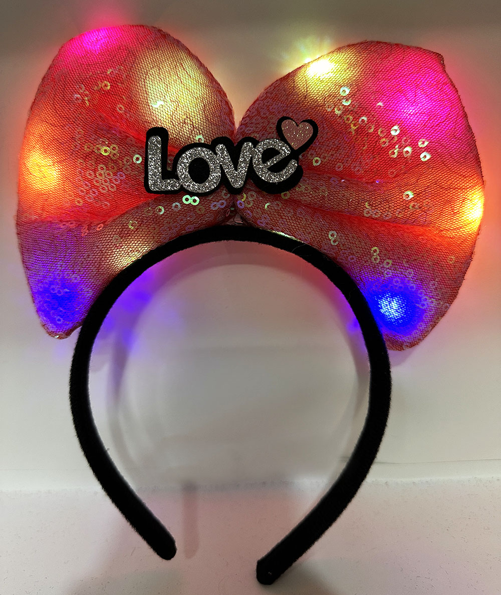 Led Işıklı 3 Farklı Fonksiyonda Yanan Gümüş Love Yazılı Fuşya Pembe Fiyonk Taç 20X17 cm (5271)