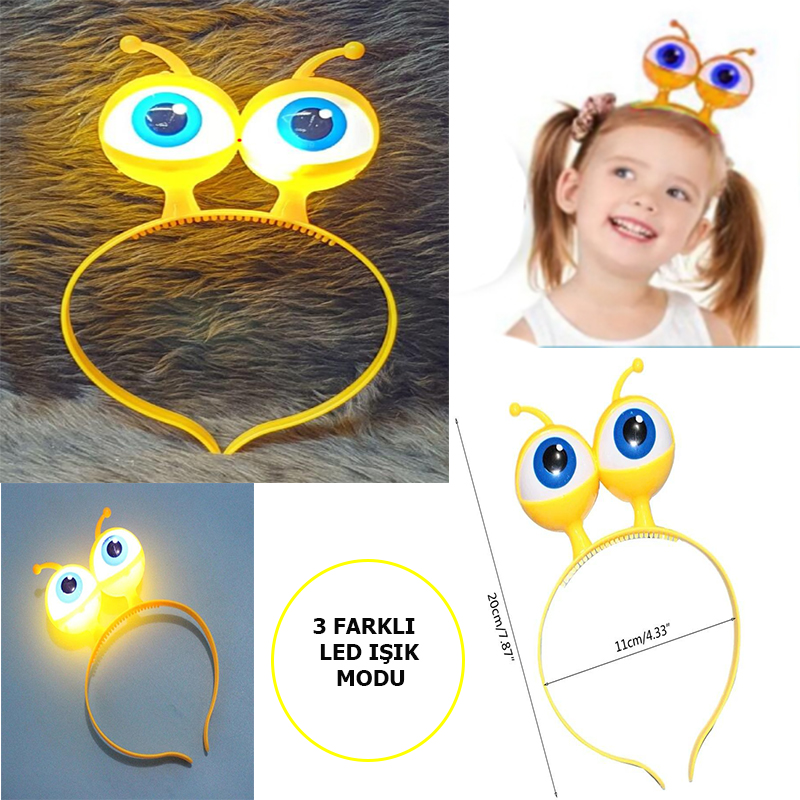 Led Işıklı &amp;amp; Pilli 3 Farklı Modda Yanan Uzaylı Göz Parti Tacı Sarı Renk 18x12 cm (5271)