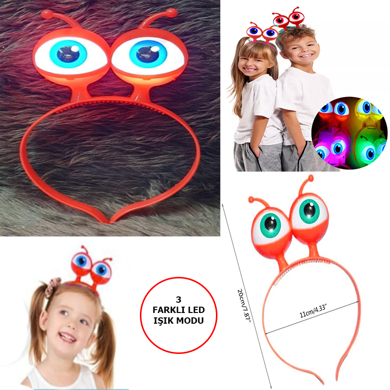 Led Işıklı &amp;amp; Pilli 3 Farklı Modda Yanan Uzaylı Göz Parti Tacı Kırmızı Renk 18x12 cm (5271)