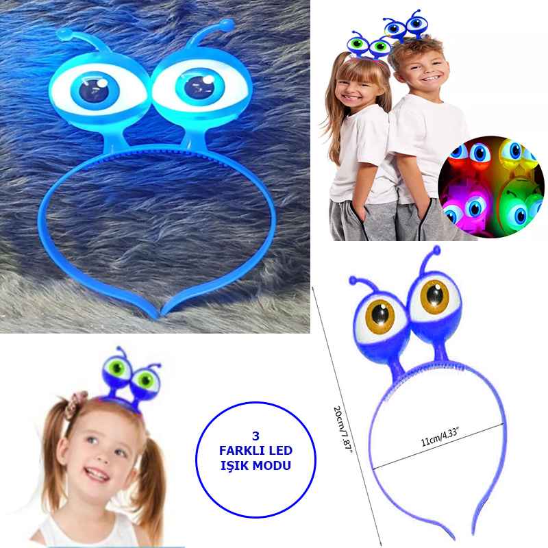 Led Işıklı &amp;amp; Pilli 3 Farklı Modda Yanan Uzaylı Göz Parti Tacı Mavi Renk 18x12 cm (5271)