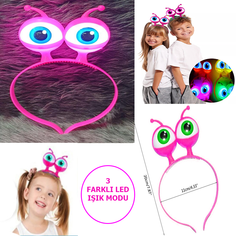 Led Işıklı &amp;amp; Pilli 3 Farklı Modda Yanan Uzaylı Göz Parti Tacı Pembe Renk 18x12 cm (5271)
