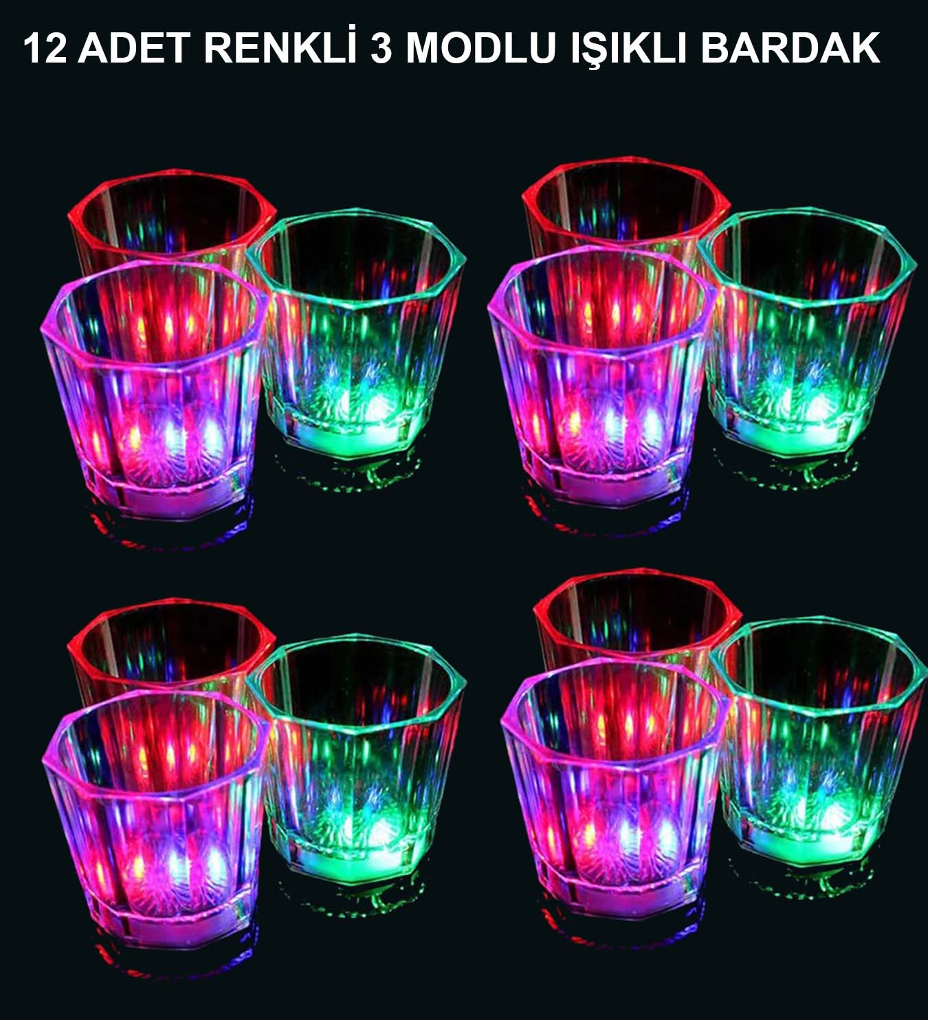 LED Işıklı Eğlence Bardakları - 3 Modlu Renk Değiştiren Bardak 12 Adet (5271)