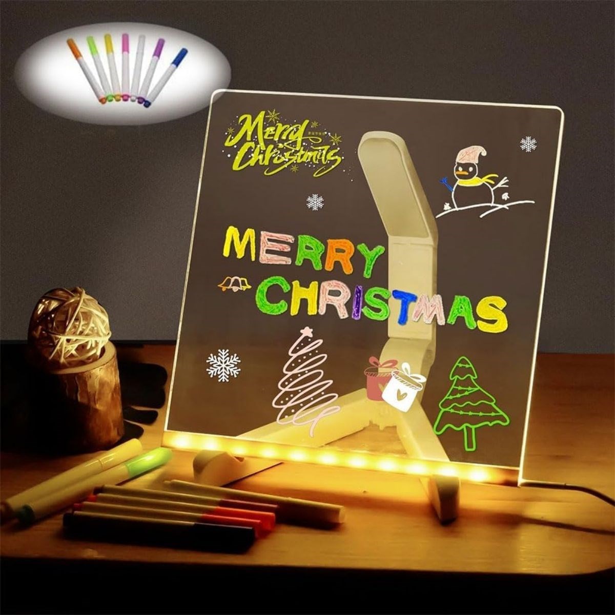 LED Işıklı Kendiliğinden Renkli Fosforlu Kalemli Kare Yazı Panosu 20x20 cm (5271)
