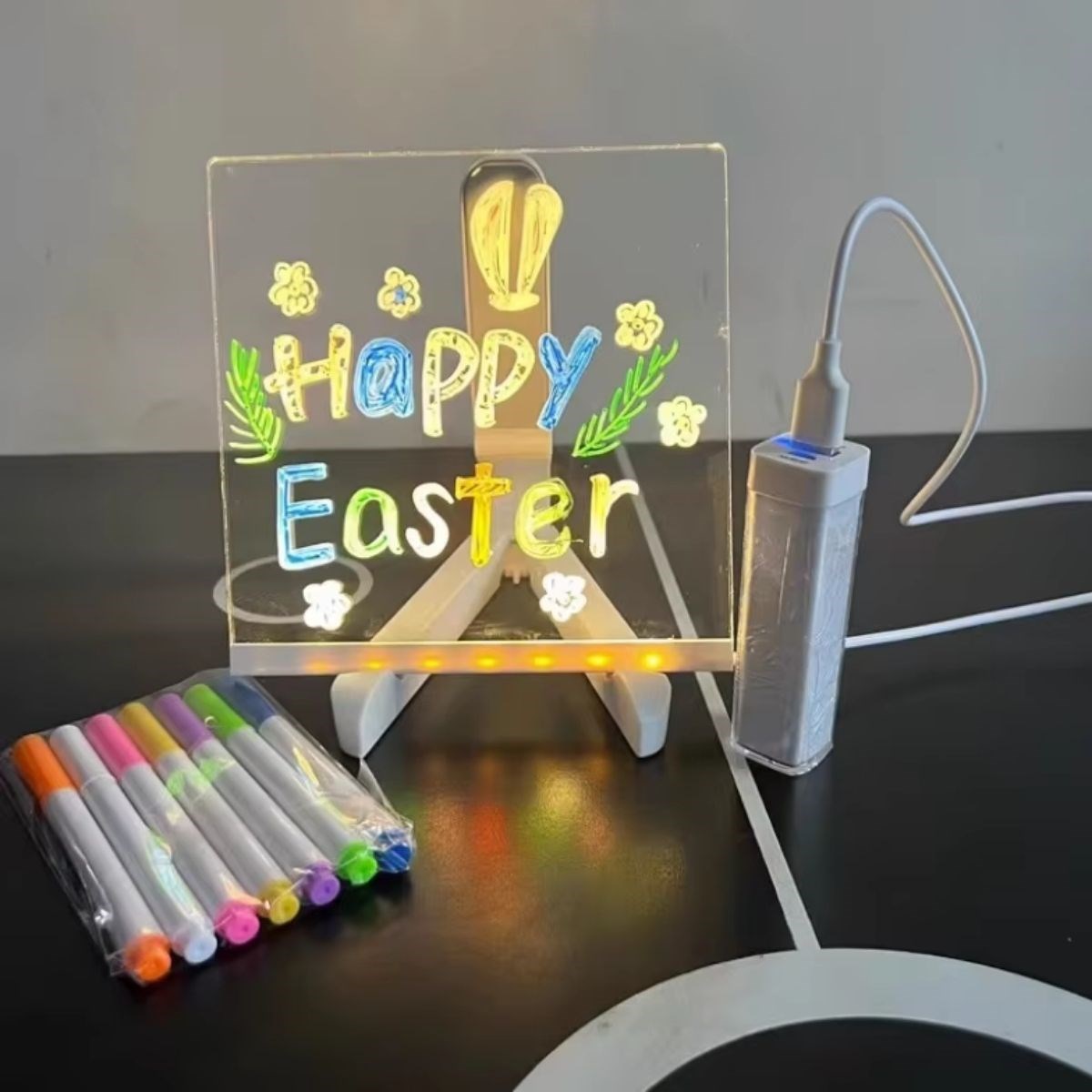 LED Işıklı Kendiliğinden Renkli Fosforlu Kalemli Kare Yazı Panosu 20x20 cm (5271)