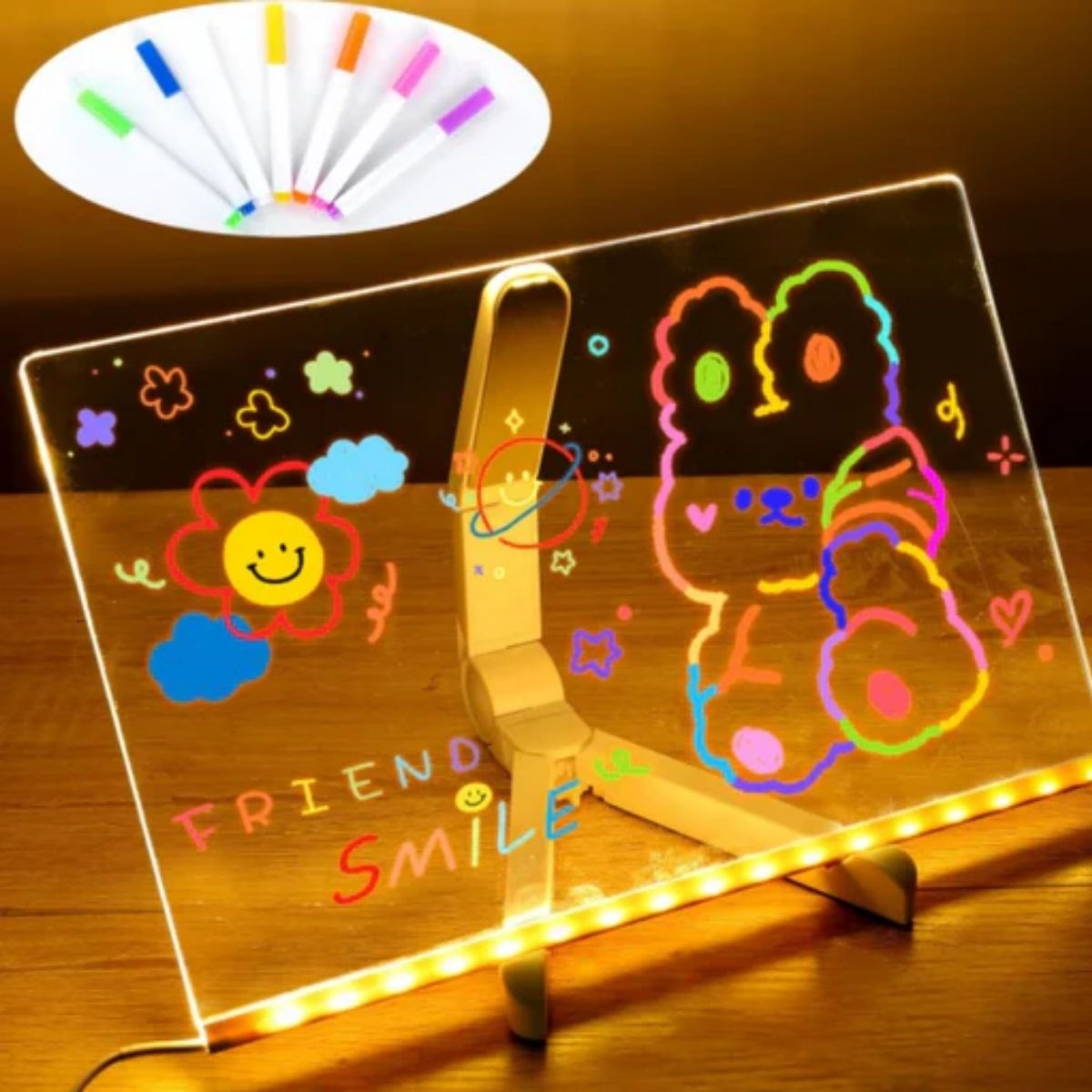LED Işıklı Kendiliğinden Renkli Fosforlu Kalemli Dikdörtgen Yazı Panosu 20x30 cm (5271)
