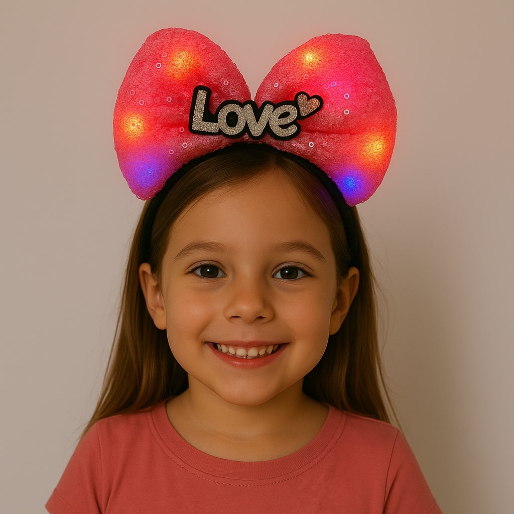 LED Işıklı Love Yazılı Fuşya Fiyonk Taç – Kız Çocuk Parti Tacı (5271)
