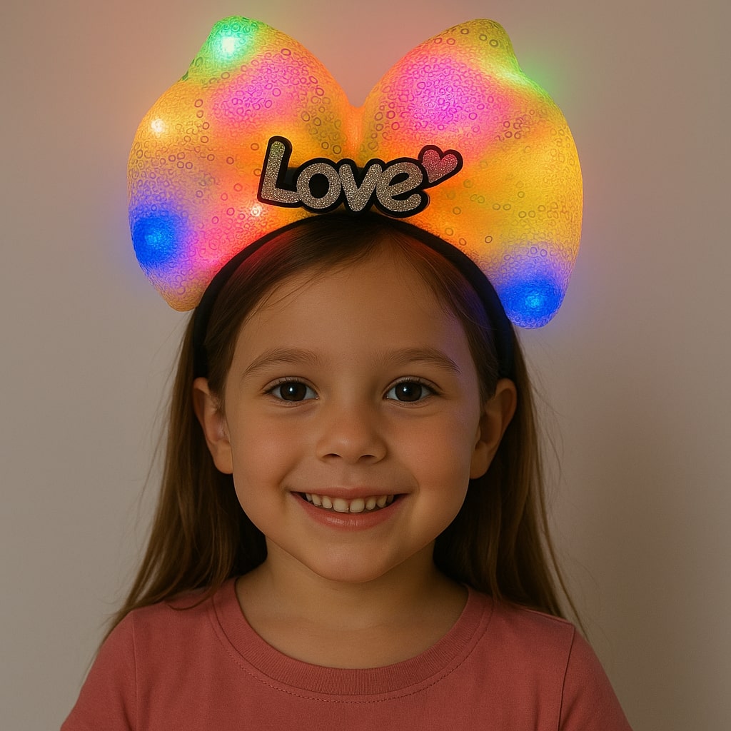 LED Işıklı Love Yazılı Sarı Fiyonk Taç – Kız Çocuk Parti Tacı (5271)