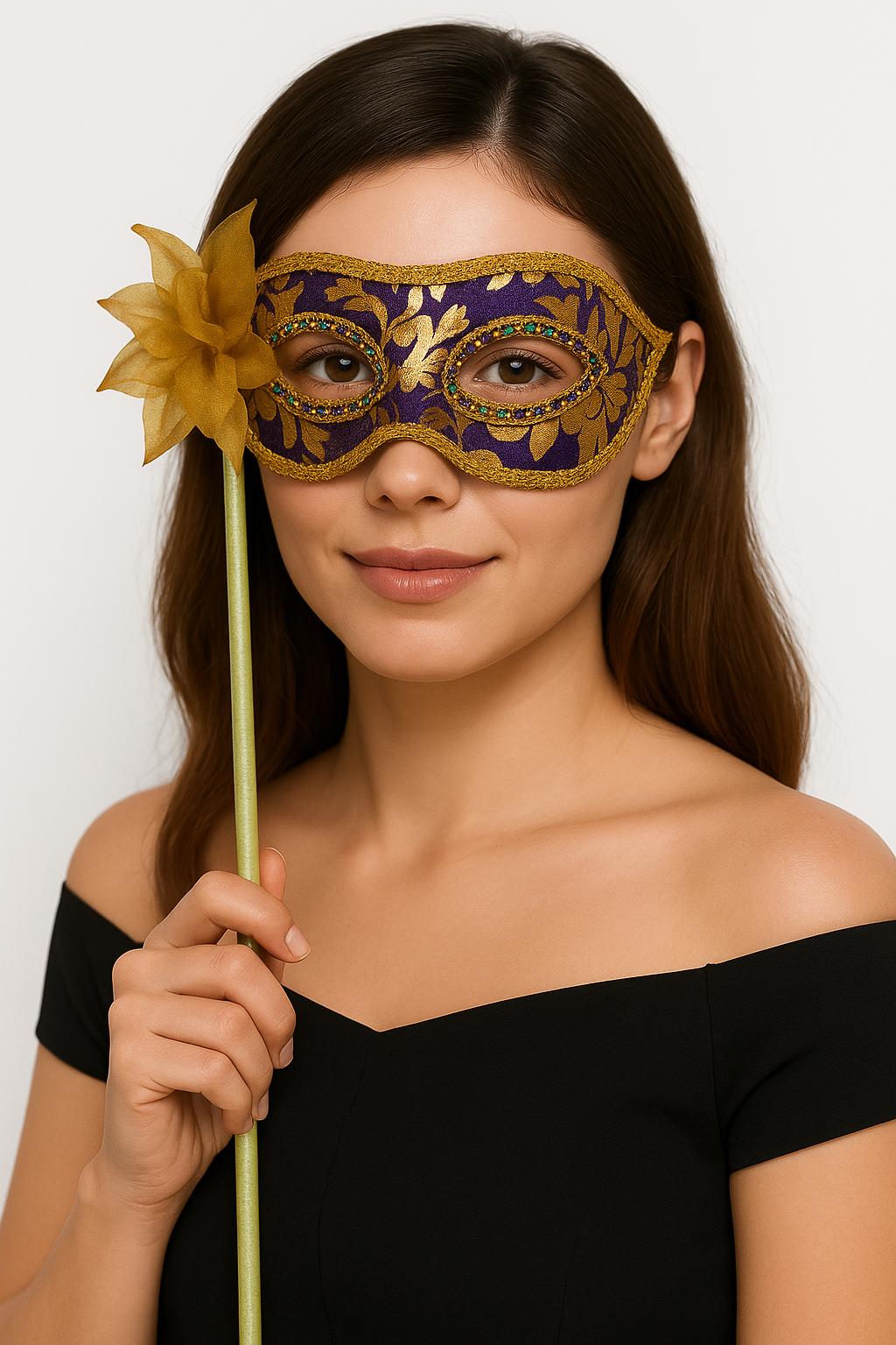 Lüks Taşlı Saplı Maskeli Balo Maskesi Mor Renk 35 cm (5271)