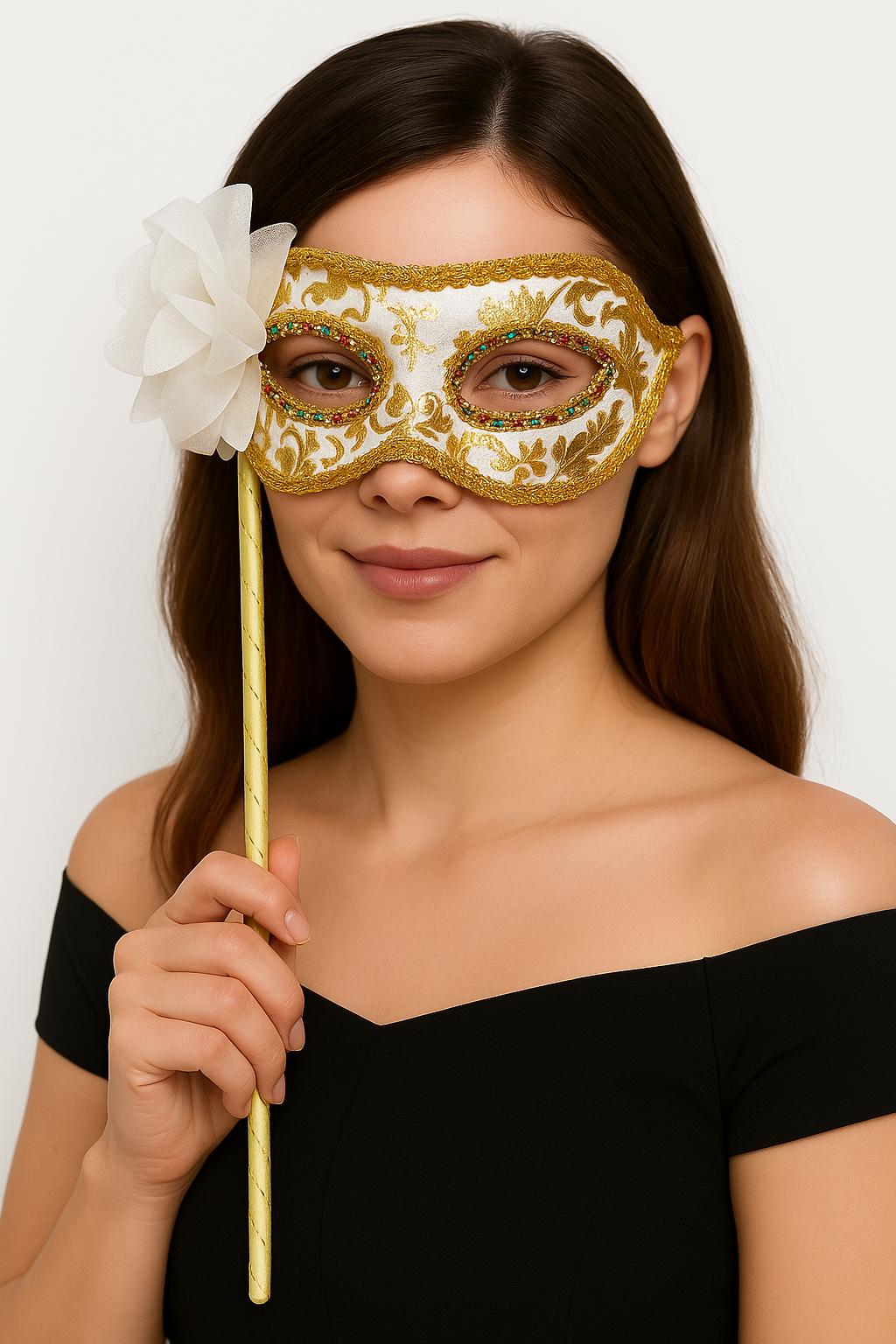 Lüks Taşlı Saplı Maskeli Balo Maskesi Beyaz Renk 35 cm (5271)